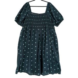 Ava & Viv 3X Black Smocked Square Neck Dress Green Flowers Short Puffed Sleeves